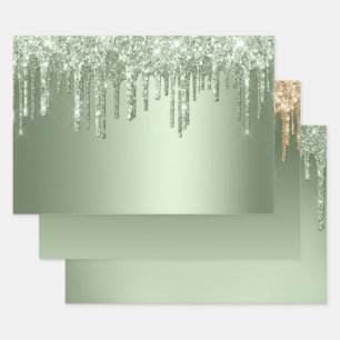 Glitzy Sage Green Sparkle Glitter Drips Birthday Wrapping Paper Sheets