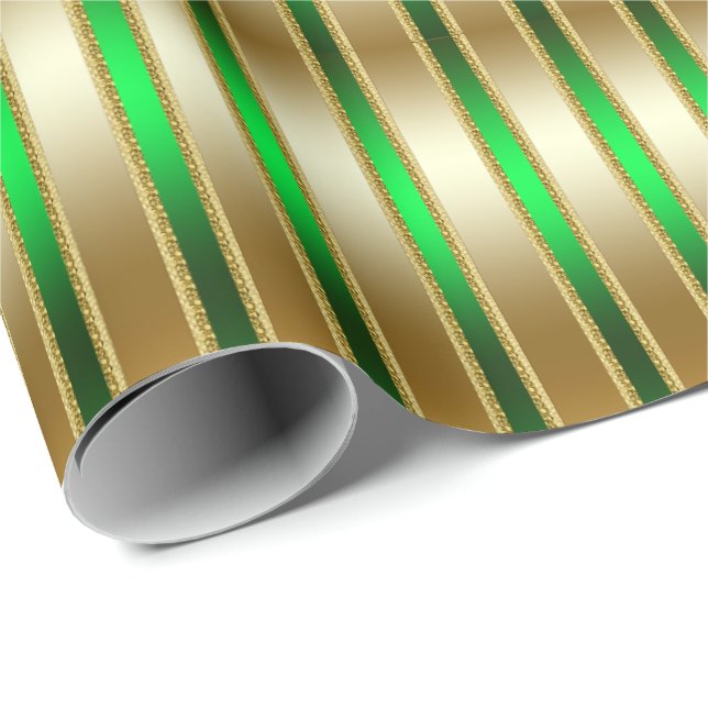 Glitzy Shiny Gold and Green Stripes Wrapping Paper (Roll Corner)