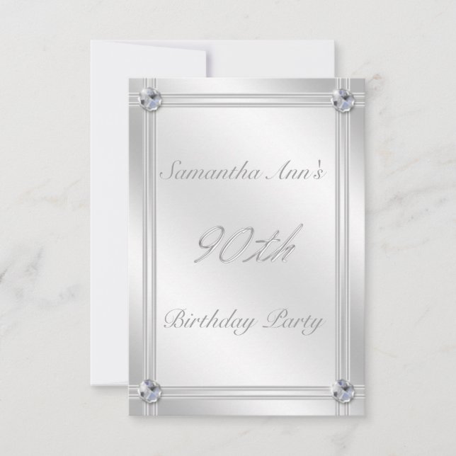 Glitzy Silver and Diamonds Look 90th Birthday Invitation (Front)