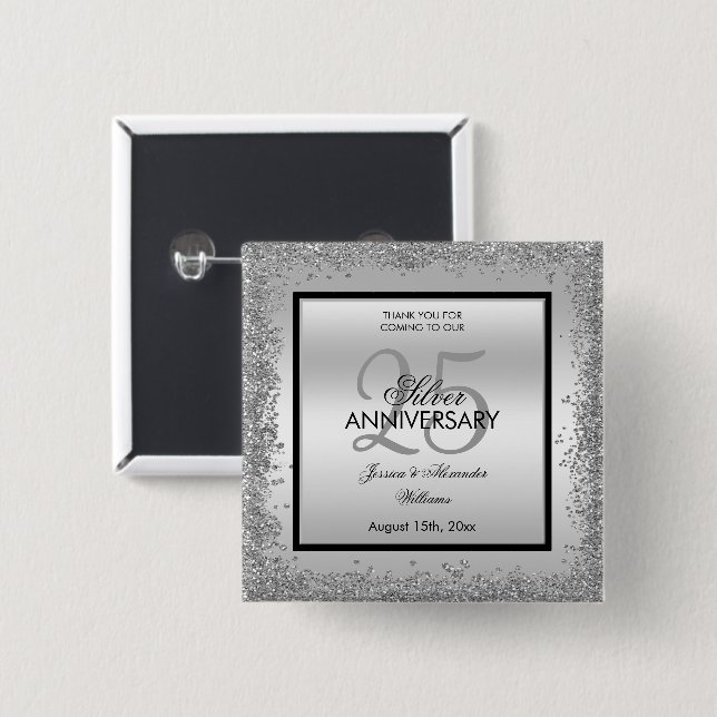 Glitzy Silver & Black 25th Wedding Anniversary     Button (Front & Back)