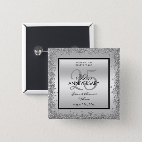 Glitzy Silver  Black 25th Wedding Anniversary     Button