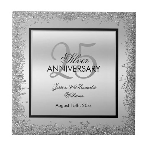 Glitzy Silver  Black 25th Wedding Anniversary   Ceramic Tile