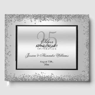 Glitzy Silver & Black 25th Wedding Anniversary Guest Book