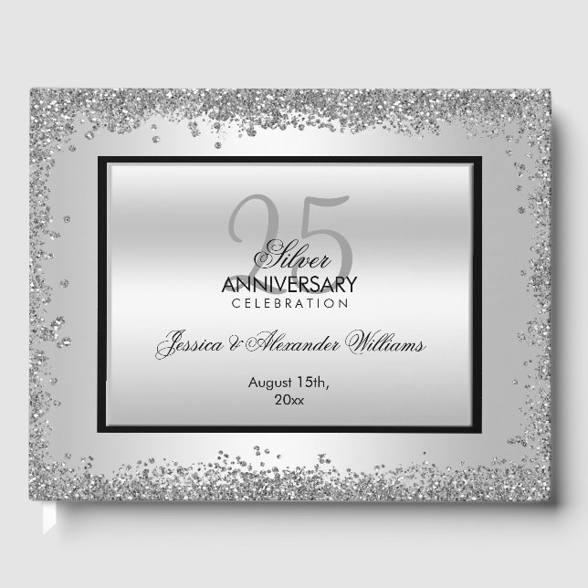 Glitzy Silver & Black 25th Wedding Anniversary Guest Book (Front)