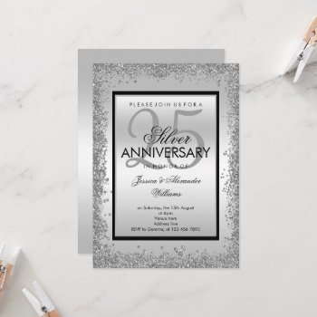 Glitzy Silver & Black 25th Wedding Anniversary Invitation by Sarah_Designs at Zazzle