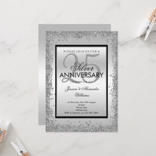 Glitzy Silver  Black 25th Wedding Anniversary Invitation