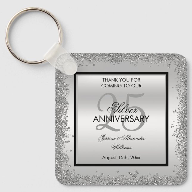 Glitzy Silver & Black 25th Wedding Anniversary     Keychain (Front)
