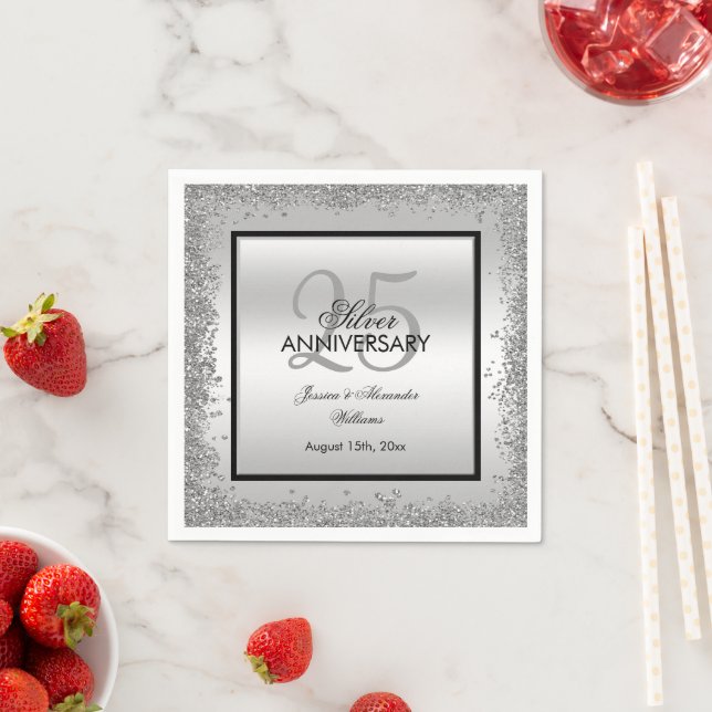 Glitzy Silver & Black 25th Wedding Anniversary Napkins (Insitu)