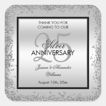 Glitzy Silver & Black 25th Wedding Anniversary    Square Sticker by Sarah_Designs at Zazzle