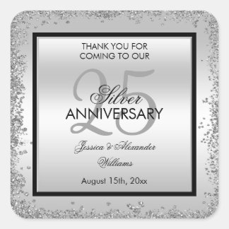 Glitzy Silver & Black 25th Wedding Anniversary    Square Sticker