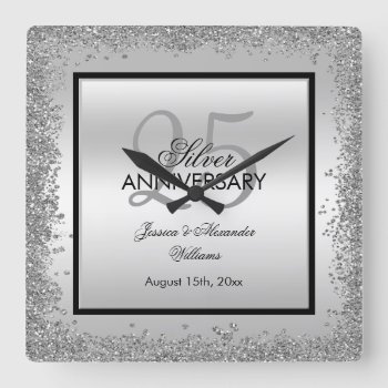 Glitzy Silver & Black 25th Wedding Anniversary Square Wall Clock by Sarah_Designs at Zazzle