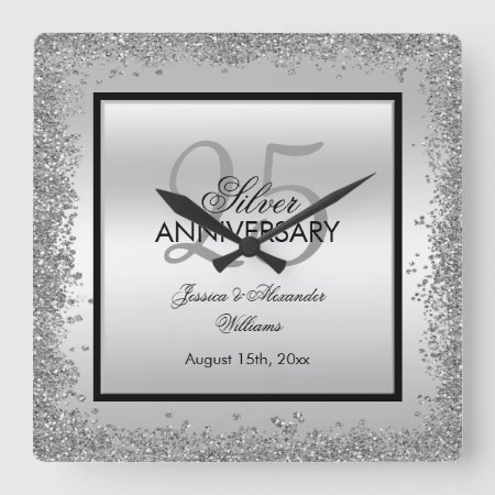 Glitzy Silver & Black 25th Wedding Anniversary Square Wall Clock