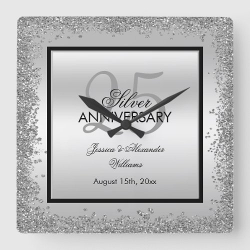 Glitzy Silver  Black 25th Wedding Anniversary Square Wall Clock