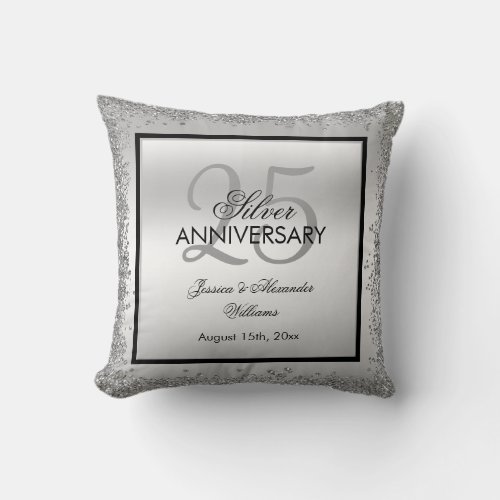 Glitzy Silver  Black 25th Wedding Anniversary  Throw Pillow