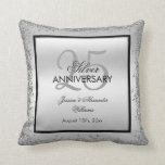 Glitzy Silver & Black 25th Wedding Anniversary  Throw Pillow<br><div class="desc">Beautiful romantic, elegant glitzy and sparkly 25th Wedding Anniversary throw pillow. With a shiny glittery sequin silver border frame over a double silver and single black background..This example is for a 25th Silver Wedding Anniversary but can be used for any event. All text, font and font color is fully customizable...</div>