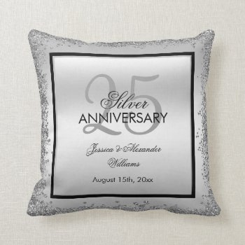 Glitzy Silver & Black 25th Wedding Anniversary  Throw Pillow by Sarah_Designs at Zazzle