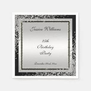 Glitzy Silver Confetti Corners 25th Birthday Napkins
