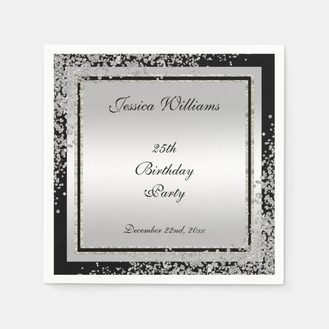 Glitzy Silver Confetti Corners 25th Birthday Napkins (Front)