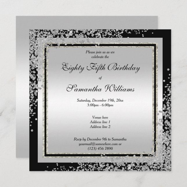 Glitzy Silver Confetti Corners 85th Birthday Invitation (Front/Back)