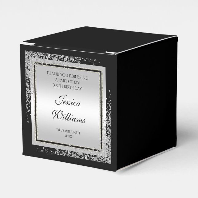 Glitzy Silver Confetti Corners Birthday Favor Boxes (Front Side)