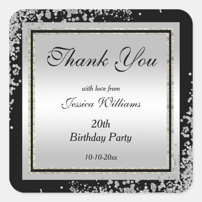 Glitzy Silver Confetti Corners Birthday Square Sticker (Front)
