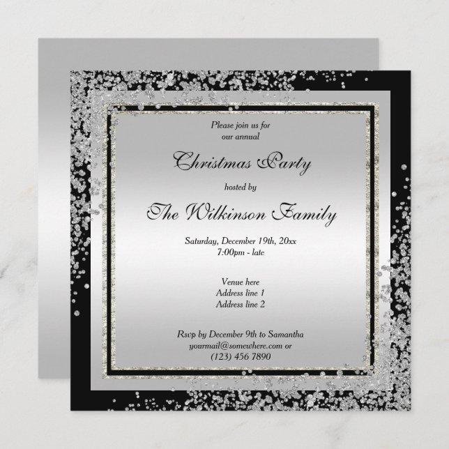 Glitzy Silver Confetti Corners Christmas Invitation (Front/Back)