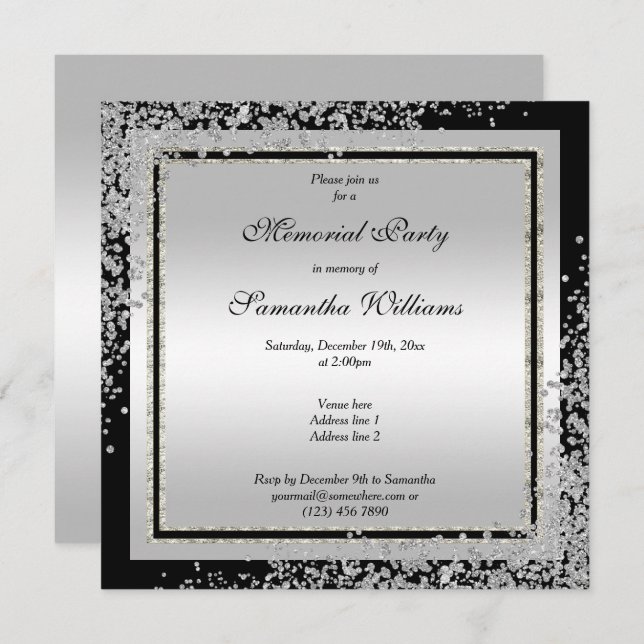 Glitzy Silver Confetti Corners Memorial Party Invitation (Front/Back)