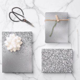 Glitzy Silver Glam Sparkle Glitter Wrapping Paper Sheets