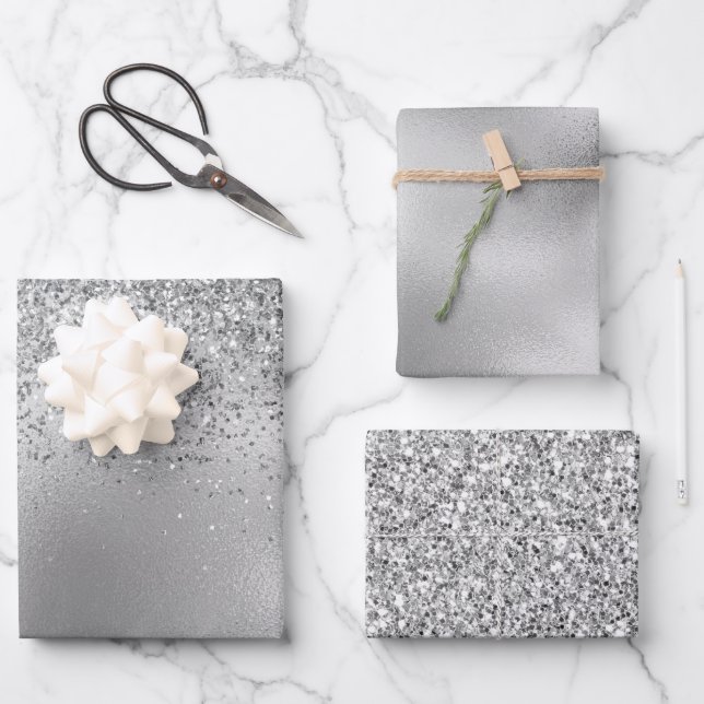 Glitzy Silver Glam Sparkle Glitter Wrapping Paper Sheets (Front)