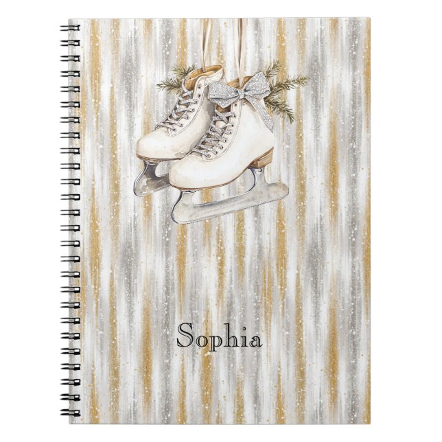 Glitzy Silver Gold Stripes White Ice Skate Notebook (Front)