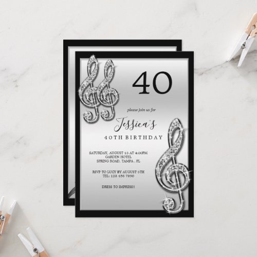 Glitzy Silver Music Notes Birthday Invitation