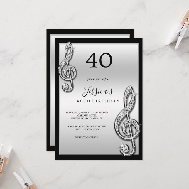 Glitzy Silver Music Notes Birthday Invitation (Front/Back In Situ)