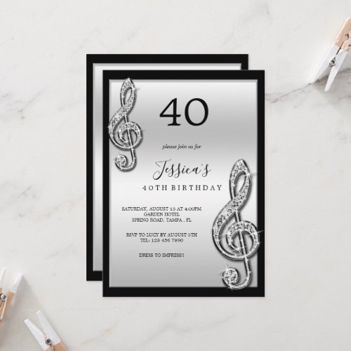 Glitzy Silver Music Notes Birthday Invitation