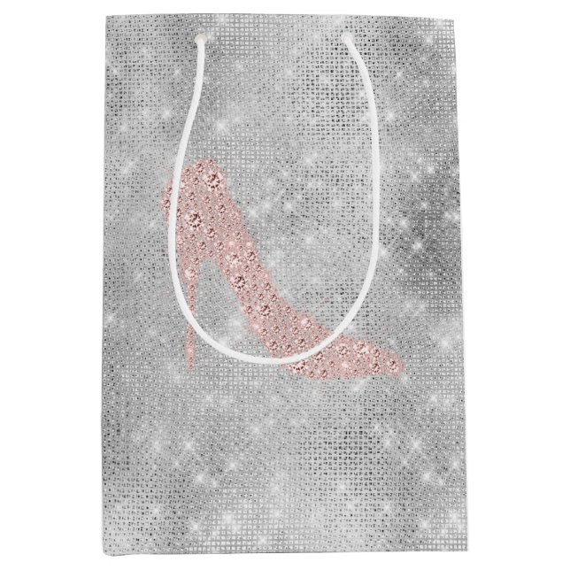 Glitzy Silver Pink Diamond Heels Bridal Shower Medium Gift Bag (Front)