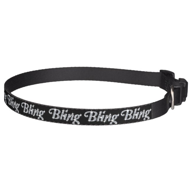 Glitzy silver pretend sparkle Bling text print Pet Collar (Right)