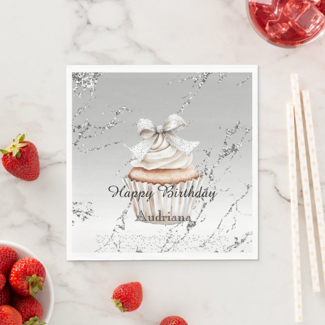Glitzy Silver White Cupcake Bow Birthday Napkins (Insitu)