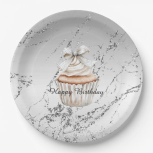 Glitzy Silver White Cupcake Bow Birthday Paper Plates