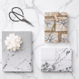 Glitzy Silver White Cupcake Bow Birthday Wrapping Paper Sheets