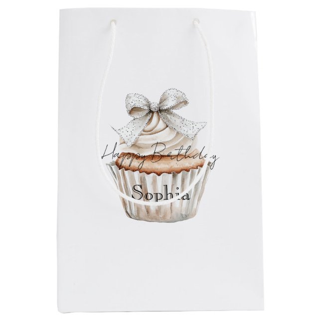 Glitzy Silver White Cupcakes Bow Birthday Medium Gift Bag (Front)