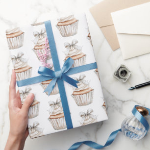 Glitzy Silver White Cupcakes Bow Birthday Wrapping Paper