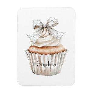 Glitzy Silver White Cupcakes Bow Magnet