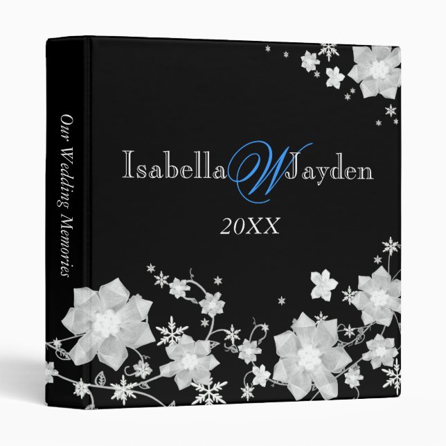 Glitzy Snow Flowers Winter Wedding Photo Album Binder (Front/Spine)