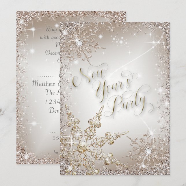 Glitzy Snowflakes Gold New Year's Eve  Party Invitation (Front/Back)