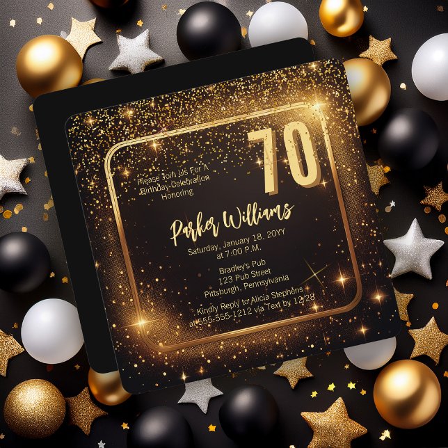 Glitzy Sparkles | Stars Gold 70th Birthday Party Invitation (Glitzy Sparkles Black and Gold Tone Modern Elegant 70th Birthday Party Square Invitation )