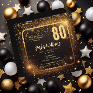 Glitzy Sparkles Stars Gold 80th Birthday Party Invitation