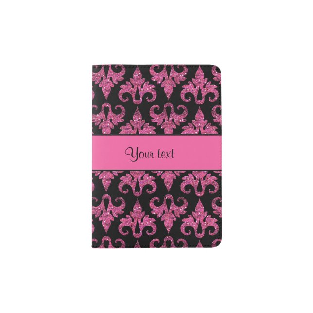 Glitzy Sparkly Hot Pink Glitter Damask Passport Holder (Front)
