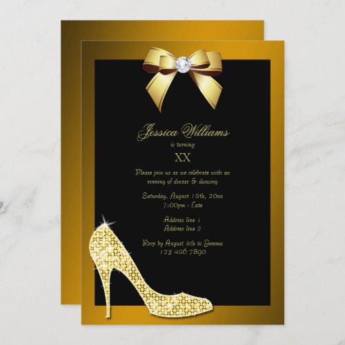 Glitzy Sparkly Stiletto Gold Bow Birthday Party Invitation