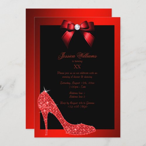 Glitzy Sparkly Stiletto Red Bow Birthday Party Invitation