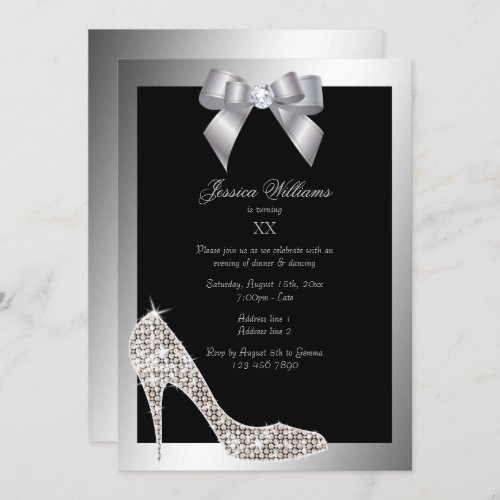 Glitzy Sparkly Stiletto Silver Bow Birthday Party Invitation