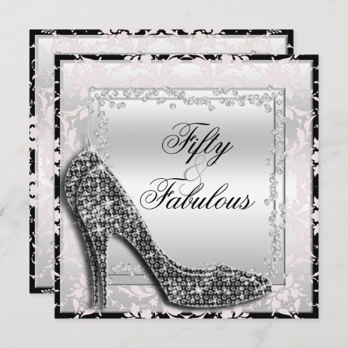 Glitzy Stilettos Diamonds  Damask Fabulous 50 Invitation